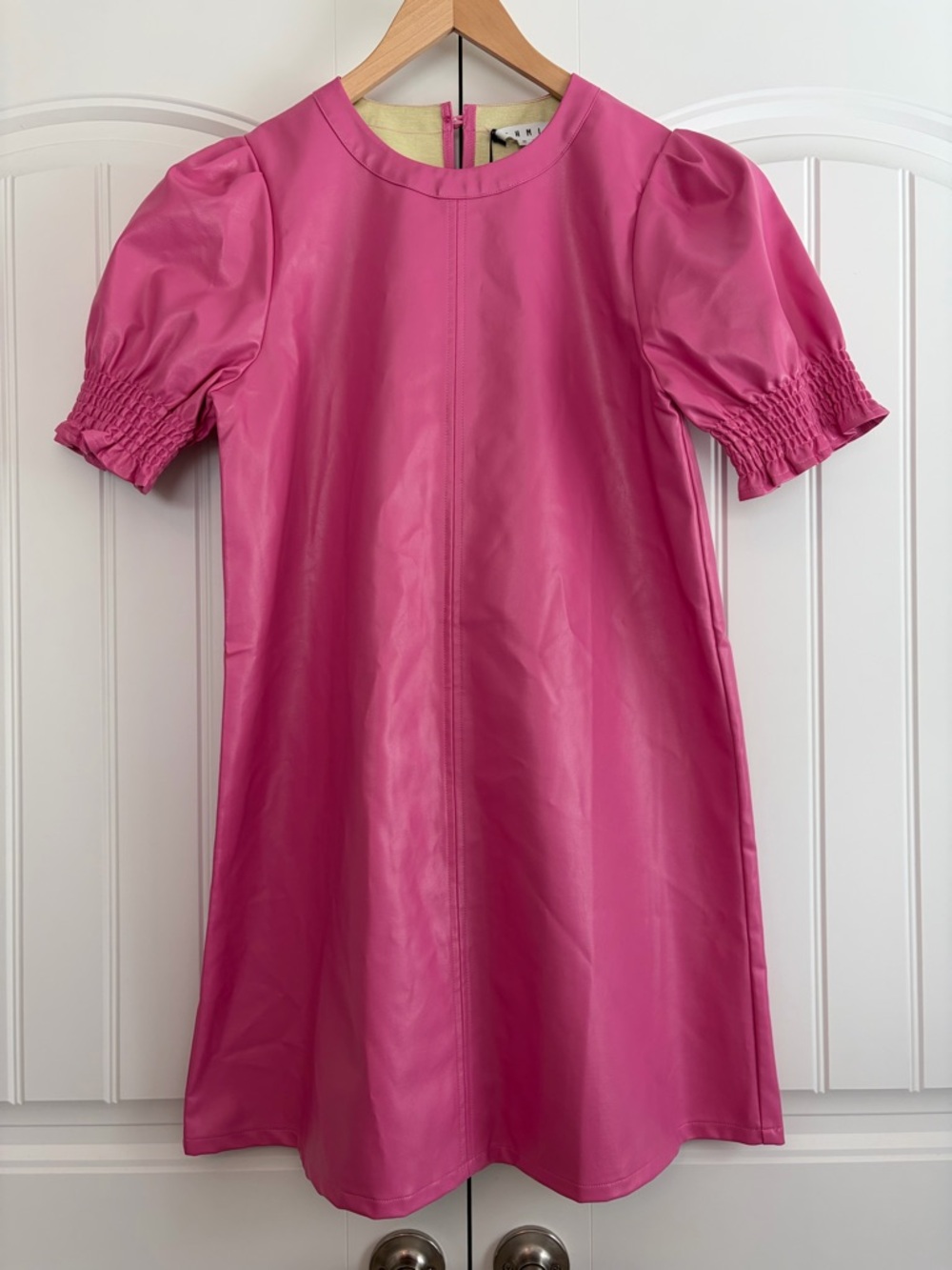 THML NWT Faux Leather Shift Dress Hot Boss Pink Short Sleeve Women’s Size Med
